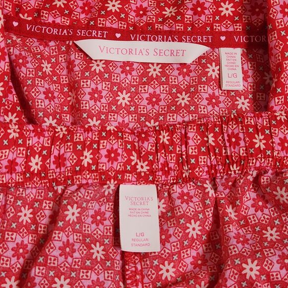Victoria's Secret 2 Piece Pajama Set Women's Large Red Pink White Floral Cotton - Picture 8 of 13